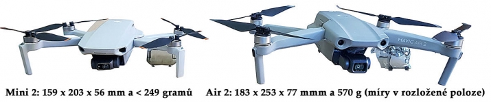 DRONY DJI Mini 2 a Air 2 s mírami v rozložené poloze