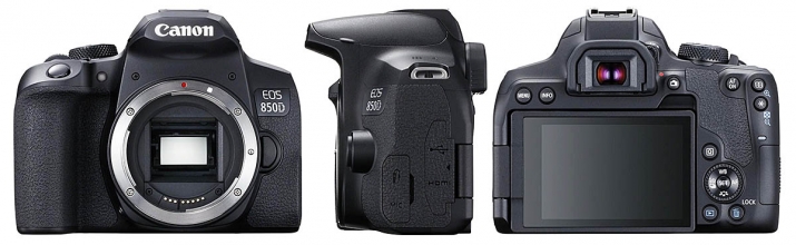Zrcadlovka Canon EOS 850D ve třech detailech těla...