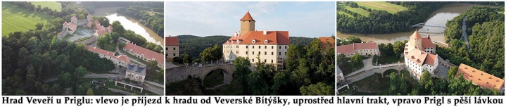 Trio názorných snímků z videa: poloha hradu Veveří...