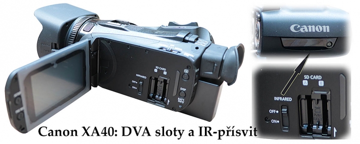 Videokamera Canon XA40: detaily SD-slotů a IR-přísvitu 