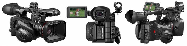 Videokamera Canon XF605 ve třech detailech těla...